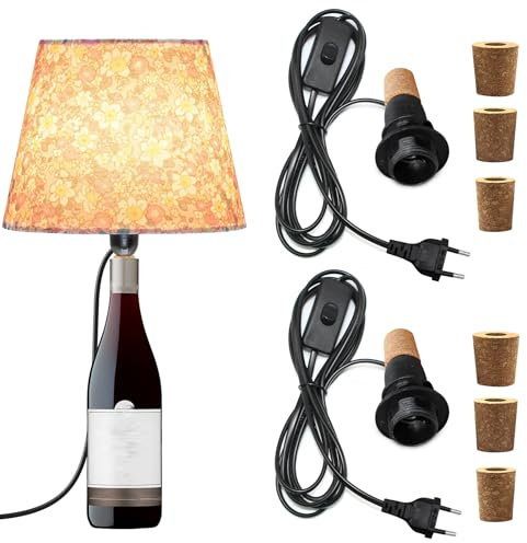 E14 Lampenfassung für Flaschen 2 Stück, 240CM Kabel Fassung mit Schalter, Flaschenadapter Lampe, Schwarze Flaschenlicht mit 3 Kork, Flaschenlampe Aufsatz, DIY Tischlampe Kit für Vielfältig Flaschen