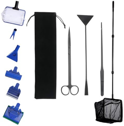 Comioke Kit di Pulizia per Acquario 6 in 1, Kit per la Pulizia Dell'acquario, Piante Acquario Attrezzi Set con Retino Acquario, Raschietto Alghe, Rastrello Ghiaia, Spugna Pennello,Forchetta per Piante