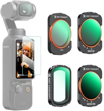 K&F Concept Magnetic Variable ND&UV&CPL Filter Set Kompatibel mit DJI OSMO Pocket 3 Creator Combo, 4 Pack UV CPL ND2-32 ND32-512 1-9 Blenden Lichtreduzierung Neutral Density HD Optical Glass Filter