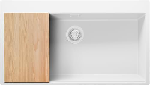 PRIMAGRAN Evier Cuisine en Granit Tout Blanc 88x50cm, Lavabo 1 bac + Kit de Vidage + Planche à Découper, Évier à Encastrer al mueble 90cm - Oslo S431
