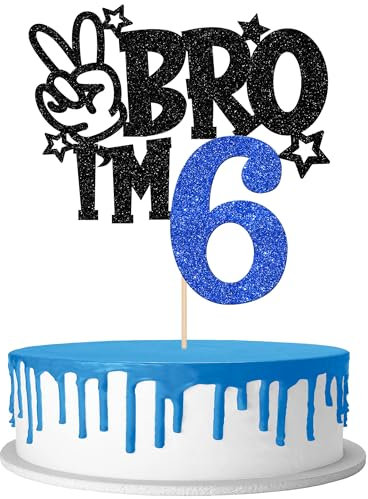 SYKYCTCY 1 Pack Happy 6th Birthday Cake Topper Glitter Bro I'm 6 Cake Pick Funny 9th Birthday Decorations Party Cake Decorations Supplies