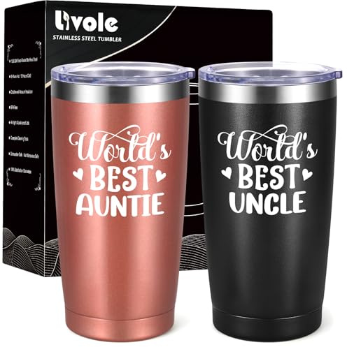 Livole Auntie and Uncle Gifts, World’s Best Uncle, World’s Best Auntie, Christmas Gifts for Aunt, Aunty, Uncles, UNC, Aunt Presents from Niece, Nephew, 600ml Double-Wall Tumbler Set of 2, 20oz Mug