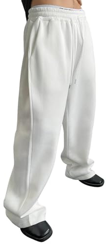Mens Sweatpants Joggers Baggy Elasticated Waist Drawstring Trousers Wide Leg Jogging Bottoms for Outdoor Gym Solid Casual Trousers with Pockets White