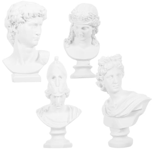 MAGICLULU 4 Stück Teiliges Miniatur Büsten Griechische Mythologie Resin Skulpturen Realistische Gipsoptik Dekofiguren für Kunstzeichnung Puppenhaus Zubehör Dekorative Requisiten
