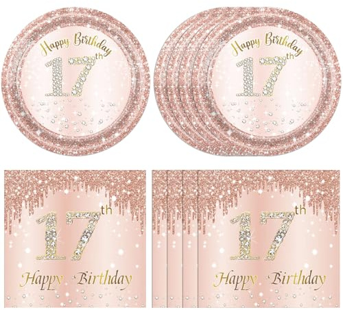 40 Pcs 17th Birthday Decorations for Girls,Rose Gold 17 Years Old Birthday Party Plates and Napkins Disposable 17th Birthday Paper Tableware Set for Girls Teen Seventeen Birthday Party Supplies