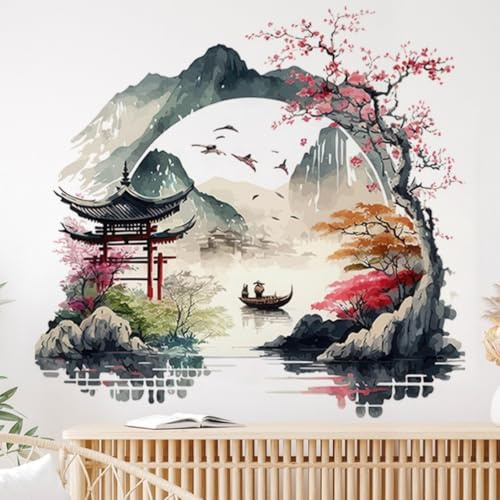 COVPAW Sticker mural Paysage Chinois Peinture Autocollant Mural Salon Chambre Montagne Pavillon Chine Porte Rivière Bateau Sticker Mural Chambre d'enfant Cuisine Bureau Décoration Murale (Porte Chine)
