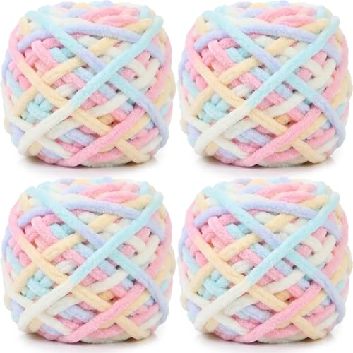 Lighterday 4×100g Rollen Chenille Wolle Zum Häkeln Dick Garn Flauschige Dicke Wolle zum Häkeln und Stricken,Chunky Yarn für Anfänger,Ideal für Schal,Blanket,Mützen,Pullover und Taschen(Macaron)