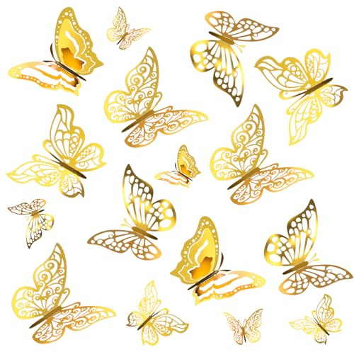 LIQWEI 96 Stück 3D Gold Schmetterlinge Deko, Schmetterling Wandtattoo Abnehmbare Schmetterlinge Wandsticker Für Mädchen Küche Fenster Möbel Hochzeit