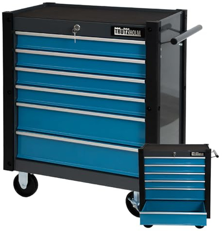 TRUTZHOLM Werkstattwagen TRUTZI mit 6 kugelgelagerten Schubladen, abschließbar, mit Anti-Slip-Einlagen, Eckschutzleisten, 4 Rollen (2 Lenkrollen mit Bremse), Traglast 105 kg, Stahl, blau