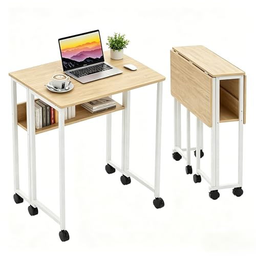 Aptliton Folding Desks,Computer Desk on Wheels,Small Table with Storage Shelf,Space Saving Office Desk for Home Office Bedroom Writing Study,Easy Assembly,Natural Oak,50D x 63W x 75H