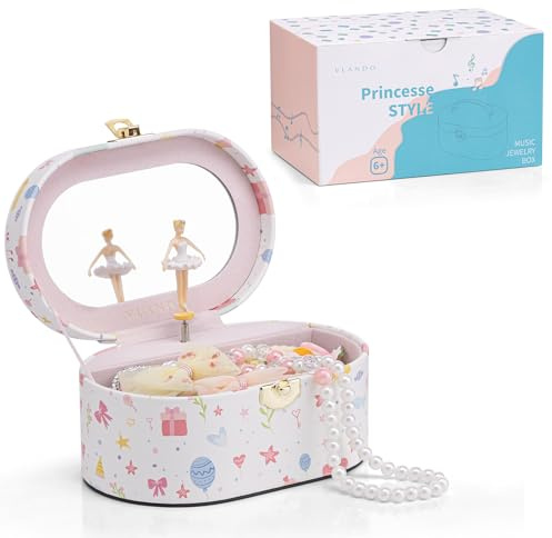 VLANDO Schmuckkästchen Mädchen,Schmuckkasten Kinder mit Drehendem Ballerina | Spielzeug Geschenk 4 5 6 Jahre Mädchen mit DIY Aufkleber, Schmuckaufbewahrung mädchen mit Spieluhr,Bonbons