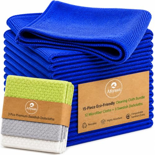 Afiyaan 15-Piece Microfibre Cleaning Cloths & Swedish Dishcloths Set – 12 Reusable Microfibre Cloths + 3 Absorbent Swedish Dishcloths for Kitchen, Home & Streak-Free Cleaning