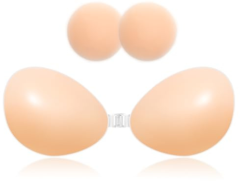 Hipidian Silicone Sticky Bra – Push Up Adhesive Bra for Women, Invisible Strapless Backless Bra, Perfect for Women Deep V and Low Cut Dress (UK, Cup & Band, D) Beige