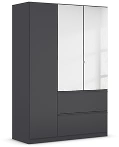 Rauch Möbel Costa, Kleiderschrank, Farbe Grau metallic, Breite 136 cm | Schrank, 3-türig, Spiegel, 2 Schubladen, Push-to-open, Zubehör Premium, für Schlafzimmer, Kinderzimmer, Babyzimmer, Garderobe
