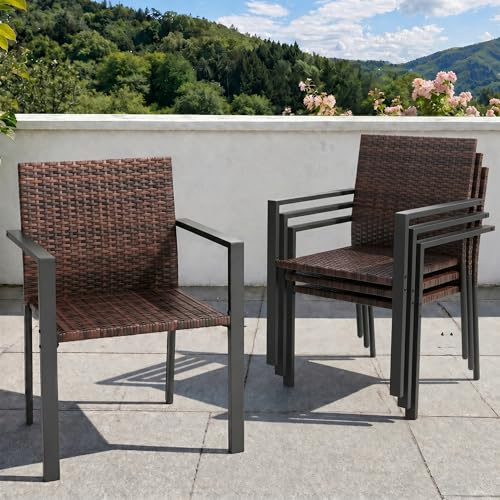 UDPATIO Gartenstühle Stapelbar 4er Set, Gartenstuhl Hochlehner aus Polyrattan, Rattan Stühle, Stapelstühle Wetterfest, Balkonstuhl Metall, Terrassenstühle für Garten, Outdoor, Braun