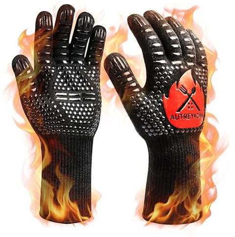 Autreykorn Gants de Cuisine et Barbecue - Gants de Four Résistants jusqu'à 800°C - en Aramid Ignifugé (EN407) - Antidérapantes - pour Cuisson, Pâtisserie, Grill - Noir (L/XL/XXL)