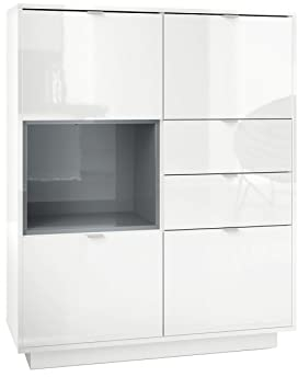 Vladon Highboard Sideboard Metro, Made in Germany, Korpus in Weiß Hochglanz/Fronten in Weiß Hochglanz mit Einsatz in Grau Hochglanz