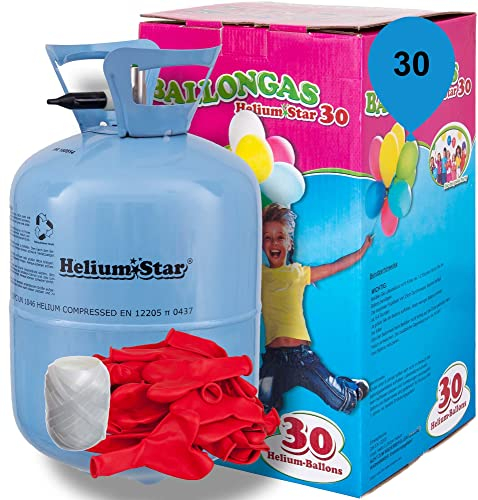 Helium Ballongas + 30 rote Herzballons Latex Ø 25cm + Polyband, HeliumStar® Einwegflasche Helium Gas für 30 Ballons
