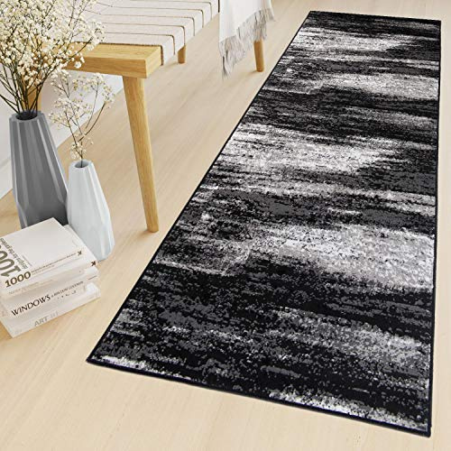 TAPISO Maya Teppich Läufer Meterware Kurzflor Wohnzimmer Flur Küche Modern Brücke Grau Weiß Schwarz Verwischt Meliert Design ÖKOTEX 100 x 300 cm