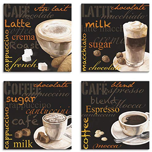 ARTLAND Wanddeko Küchenbilder Leinwand Bilder Set 4 teilig je 20x20 cm Quadratisch Kaffee Bilder Cappuccino Macchiato Coffee Espresso A6PN