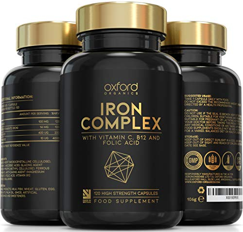 Vegan Iron Tablets High Strength | 120 Daily Gentle Iron Tablets 14mg | Iron Supplements for Women & Men | 1 a Day Ferrous Fumarate, Vitamins C, B12 & Folic Acid Iron Supplement Capsules | Made in UK