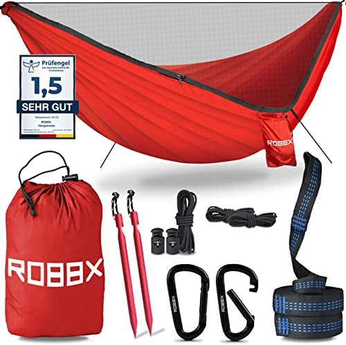 ROBBX® Hängematte Outdoor mit Moskitonetz für 2 Personen | 300kg Traglast | Doppelhängematte mit Befestigungs-Set | Nylon Camping Reisehängematte | 290x140cm