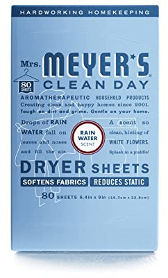 Mrs. Meyer's Dryer Sheets, Fabric Softener, Reduces Static, Cruelty Free Formula Infused with Essential Oils, Rain Water Scent, 80 Count