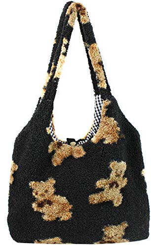 MEGAUK Damen Plüsch Umhängetasche Große Kapazität Cartoon Bär Shopper Schultertasche Tote Bag für Uni Arbeit Mädchen Schule