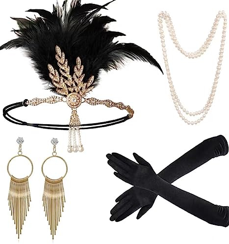 Meiruier 1920 Zubehör-Set, 1920er Jahre Mode Stirnband Halter Lange Handschuhe Perlenkette Great Gatsby Accessoires für Frauen, Charleston Fancy Set (Style 5)
