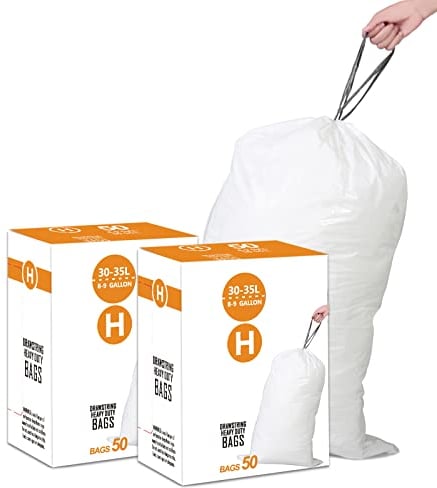 Simplelisa Code H 2 Packs(100 Count) 8-9 Gallon Heavy Duty Drawstring Plastic Trash Bags Compatible with simplehuman Code H | 1.2 Mil | White Garbage Can Liners 8-9 Gallon/30-35 Liter