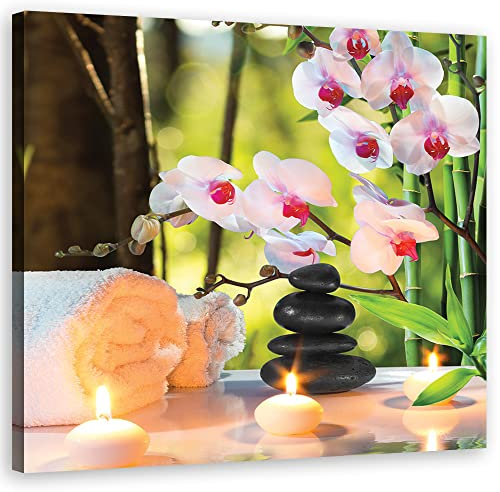 Feeby Tableau toile Bambou Zen Spa Bougies 30x30 cm Image Photo Pierres Nature morte Orchidée rose