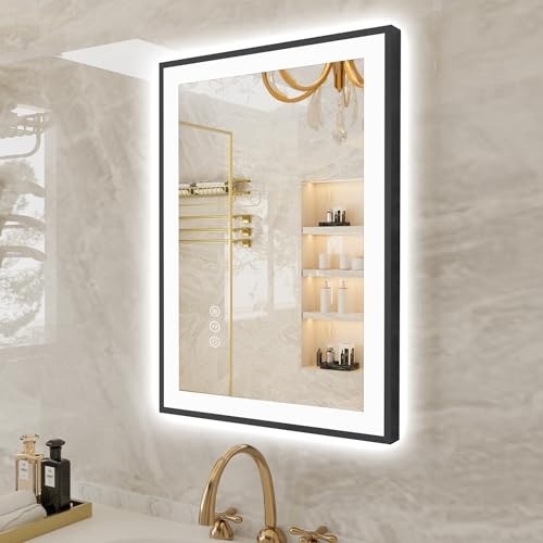 EchosLife 50x70cm Badspiegel mit Beleuchtung, Hartglas Badspiegel LED Antibeschlag, Schwarzer Aluminiumrahmen Spiegel, Stufenlos Dimmbar Spiegel Beleuchtet Bad, Geeignet für Hotel, Badezimmer