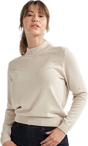 alsestudio Women`s Mock Neck Jumper 100% Cotton Premium Quality Soft Touch Long Sleeve Pullover Essential Style Knitted Roll Neck Sweaters for Women Stone-Small