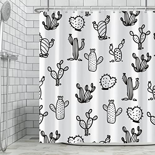Ttincceer 180x180cm Kaktus Duschvorhang Set Schwarz Weiß Cartoon Wüste Pflanze Bad Vorhang Einfach Modern Pflanze Duschvorhänge Wasserdicht Badewanne Vorhang