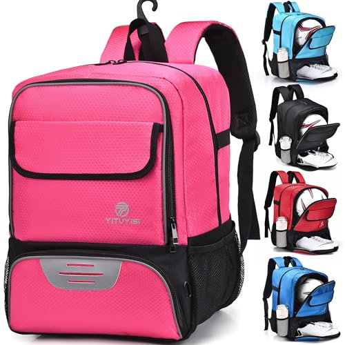 Fußball Tasche für Jugendliche, Basketball Rucksack Verstellbar Sportrucksack mit Ballfach & Schuhfach und Nasstasche Daypack für Herren Damen,Geschenk fürs Fitnessstudio im Freien, Camping (Rosa Rot)