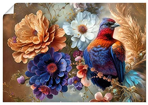 ARTLAND Wanddeko Poster & Kunstdrucke Wandposter 100x70 cm Querformat Tiere Vogel Federn Blumen Blüten Farben Paradies Romantik U4PN