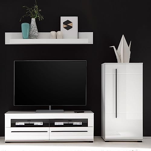 Lomadox Wohnwand in Hochglanz weiß mit schwarzen Relinggriffen inkl. Kommode, Wandboard und HiFi-Rack BxHxT: 215x166x47cm