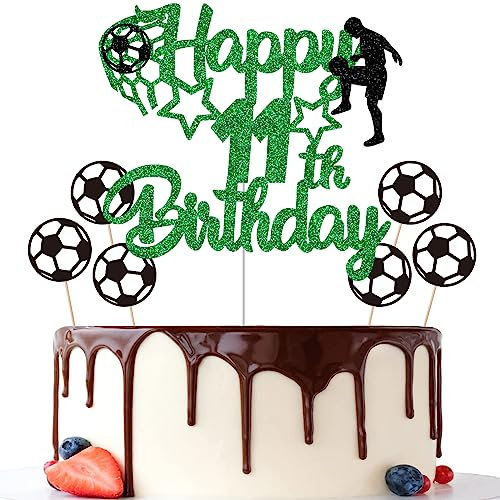 Gidobo 11th Birthday Cake Toppers, Green Glittery Cake Decorations with Football Theme, Eleven Years Old Soccer Birthday Party Supplies for Boys