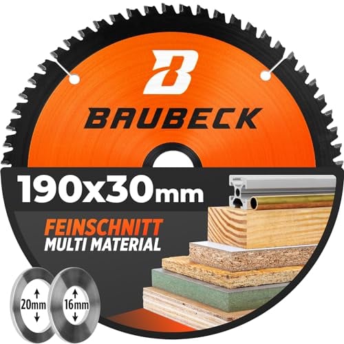 BAUBECK 190mm x 30mm Circular Saw Blade, fine cut in Wood, Metal etc. - TCT 190 mm saw blade x56T - Compatible with Bosch Makita Dewalt Festool Freud 190mm saw blade