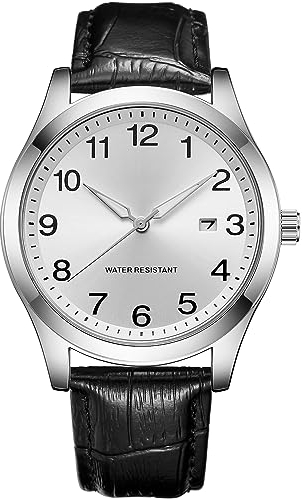 CIVO Watches Men Leather Strap Analogue Mens Watch with Date Window Minimalist Waterproof Luminous Wrist Watches for Men Classic Easy Read Quartz Gents Watches Silver Face, Mens Gifts