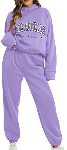 KBOPLEMQ Tuta da jogging da donna con stampa Los Angeles, tuta sportiva da traing, 2 pezzi, per il tempo libero, top a maniche lunghe, tuta sportiva + tuta sportiva, O viola, XL