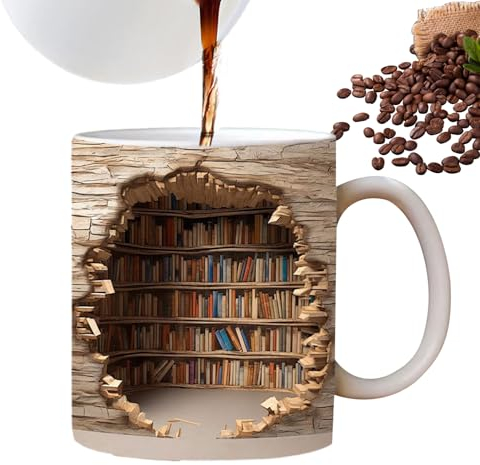 Facynde -Bücherregal-Tasse Kaffeetasse Bibliothek Bücherregal Reisebecher,Teebecher Milchbecher Porzellan Knochenbecher Bücherregal Becher Neuheit Sprüche Buchliebhaber Becher
