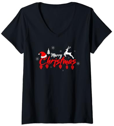 Damen Rentier Weihnachtsmann Hut Zapfen Merry Christmas T-Shirt mit V-Ausschnitt