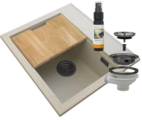 Waschbecken mit Küchenbrett und Imprägnierung - Granit Spülbecken mit manuellem Siphon - FOXAL - hochwertige hitzebeständig Küchenspüle - Beige - GRANITAN