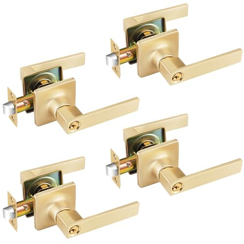 EHOMEWARE 4 Pack Entry Door Handles with Lock and Keys Brushed Brass, Gold Door Knobs with Keys for Bedroom or Living Room, Interior or Exterior Use