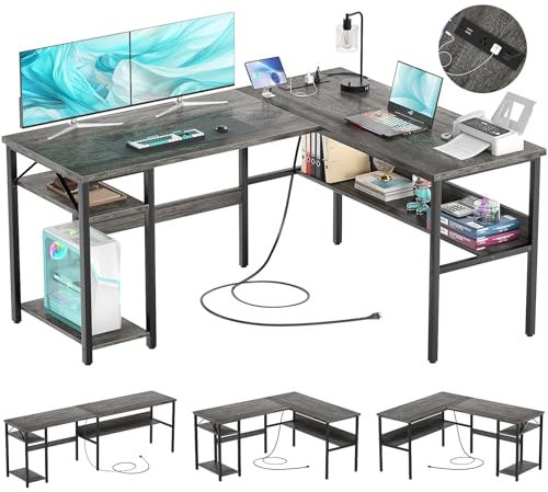 Hyomdeck L Shaped Reversible Gaming Desk with Power Outlets and USB Charging Ports, Heavy Duty Computer Desk with Storage Shelf, Modern Office End Table