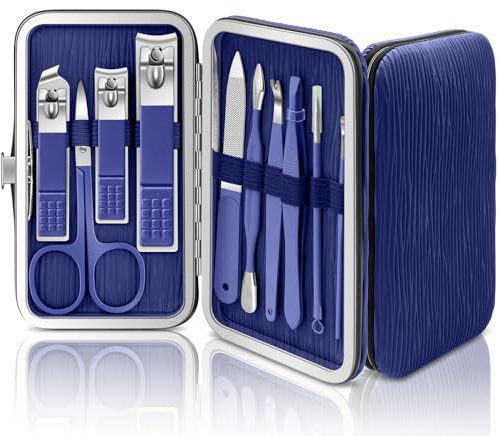 BLESWIN Kit Manucure Pedicure, 10 en 1 Kit Manicure Ongle Complet Professionnel, Trousse Coupe Ongle Homme et Femme, Set Manucure Bleu Portable Étui en Cuir pour le Voyage à la Maison
