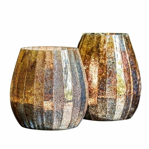 Loberon Windlicht 2er Set Samantia, mundgeblasen, Bauernsilber-Finish, Zwei Größen, Antik-Finish, Tafelschmuck, Dekoration, Glas, antikkupfer