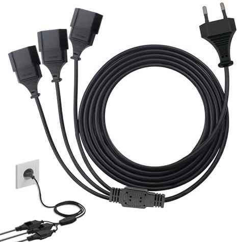 Svitzoot Cable alargador de Corriente de 3m, Cable alargador 3 en 1 Tipo C de Clavija Euro a Toma Euro, Clavija Euro de 0,75 mm² 250 V/2,5 A para Uso doméstico, Oficina y Exteriores-Negro