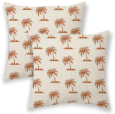 Summer Outdoor Pillow Covers 18x18, Burnt Orange Coconut Tree Palm Plants Decorative Throw Pillows for Couch, Coastal Tropical Decor Cushion Cover 2 Pcs Farmhouse Linen Pillowcase for Bed Sofa
